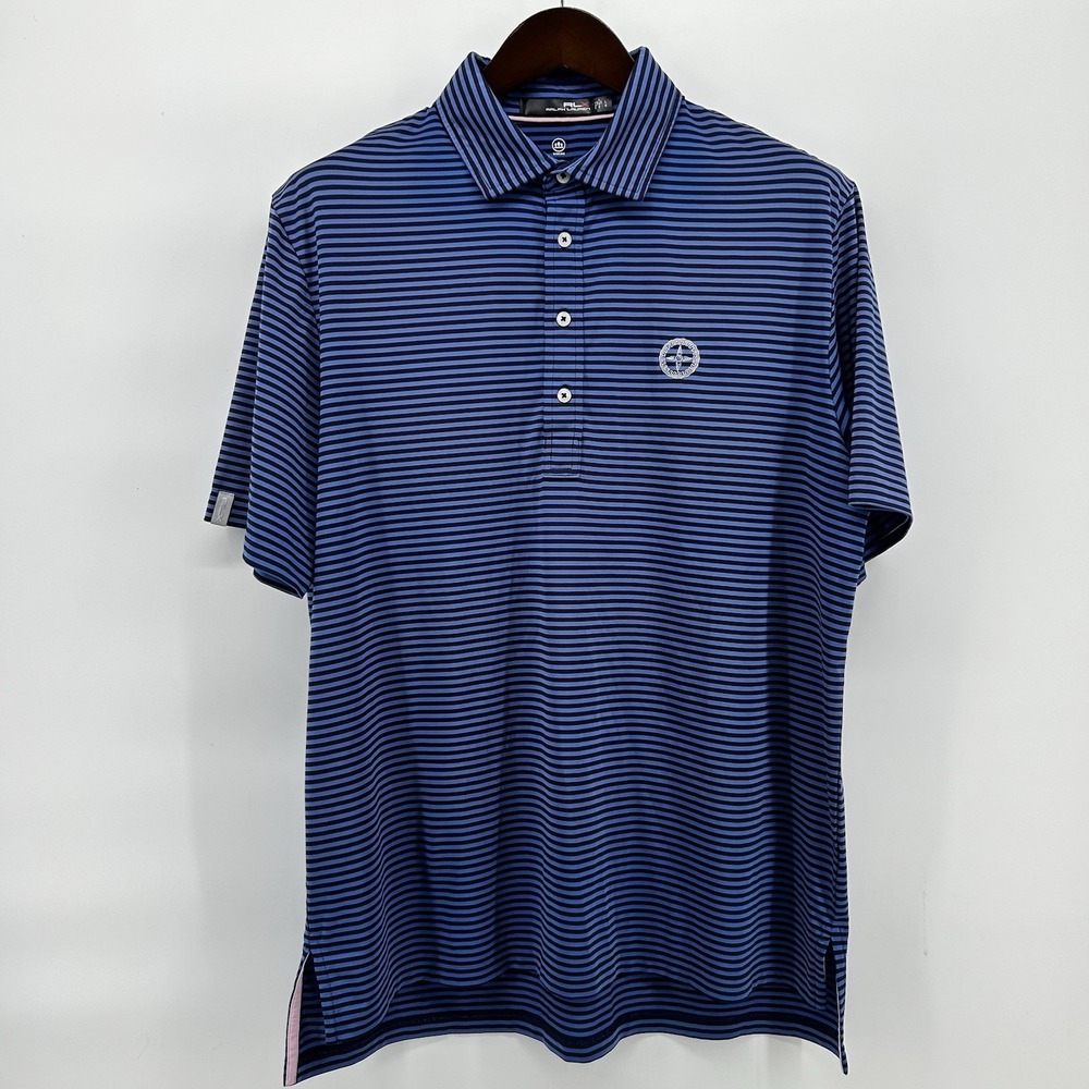RLX Ralph Lauren Golf Polo Mens L Olympia Fields C.C. Blue Stripe Compass Rose